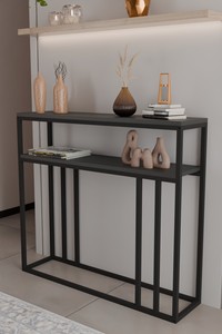 Console moderne minimaliste en métal avec 2 étagères pour l'entrée, le salon, meuble au design stable, finition noire - Product Image 2