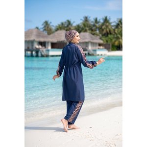 Maillot de bain trois pièces modeste bleu marine à imprimé léopard avec fermeture éclair, style burkini, avec soutien-gorge push-up et pantalon, pour la plage et la baignade - Product Image 5