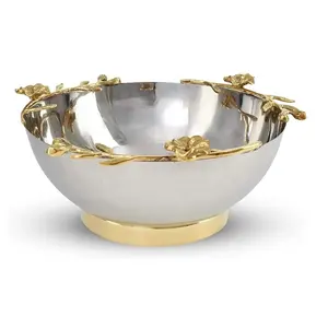 Stainless Steel Bowl With Brass Orchid Stem On Edges Fruit Bowl Decorative Designed Wedding Centerpiece Royal Countertop Decor