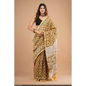 Sari de Seda Chandri Estampado a Mano con Bloques, Modelo Banarasi, Estilo Suave de Bollywood, Georgette, Tela Pesada de Modal y Red, para Boda - Product Image 1