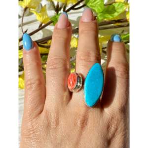Jeffery Nelson Kingman Turquoise & Spiny Oyster <b>Ring</b> <b>Adjustable</b> Sterling Silver Bezel Setting Everyday Wear - Product Image 2