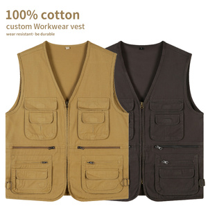 Gilet de travail en coton pur de loisirs avec logo personnalisé, plusieurs poches, gilet de pêche en plein air, vêtements de travail pour la photographie - Product Image 1