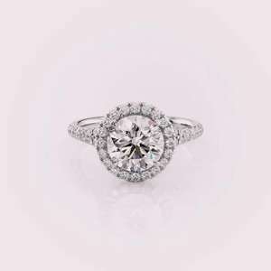 IGI Certified Round Cut Lab Grown Diamond Halo Engagement & Wedding Ring with Pave Diamond Band in <b>Solid</b> 925 Sterling <b>Silver</b> - Product Image 1