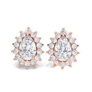 Boucles d'oreilles clous en or 14K jaune, blanc et rose, avec diamants taille poire 1,28 carat et halo, fermoir à vis, bijoux de mariée raffinés - Product Image 4