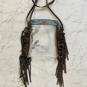 Sac transparent à franges en cuir taillé à la main Sac à main élégant multi-usages Couleur turquoise pour femmes multi-usages - Product Image 1