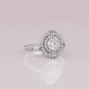 Bague de fiançailles romantique en or massif 14KT cultivé en laboratoire Double Halo Starburst Design Baguette Cut Diamond 1.0-1.3 Carat Gold Plated - Product Image 5