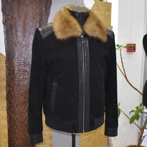 Veste en cuir suédé noir pour homme, nouvelle veste en fourrure à imprimé Crocodile avec col détachable - Product Image 3