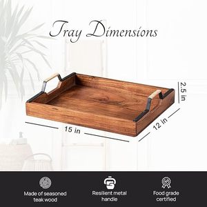 Bandeja de servicio de madera decorativa de diseño nuevo y de tendencia con mango de Metal, organizador duradero artístico hecho a mano - Product Image 6