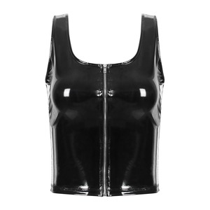 Camisola gótica Punk sin tirantes de charol con aspecto mojado para mujer, cuello en U, cremallera frontal, Top de lona transpirable, mangas cortas para - Product Image 1