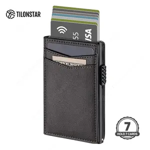 Customize Men Aluminum Credit Card Holder Slim RFID Blocking Wallet Leather Pop Up Card Holder