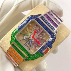 นาฬิกาแฟชั่นสำหรับผู้ชายทรงบาแกตต์ประดับเพชรสีสันสดใสงานกลไกอัตโนมัติแนวฮิปฮอป - Product Image 3