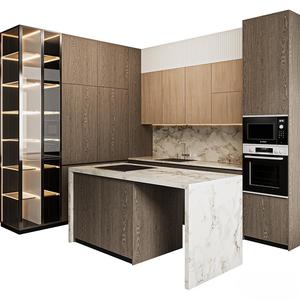 Gabinetes de Cocina Modulares de Lujo KEJIA con Acabado en Madera Oscura y Clara, con Vitrina Iluminada para Proyectos de Villas de Alta Gama - Product Image 1