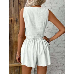 Jane's <b>Women's</b> Sleeveless V-Neck Front Buttoned <b>Linen</b> Jacket and Shorts Two-Piece <b>Set</b> 36872-White - Product Image 2