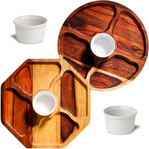 Plateau de service octogonal et rond en bois écologique avec bols en métal, assiettes à collation vintage, 5 compartiments, parfait pour les fêtes classiques à la maison - Product Image 1