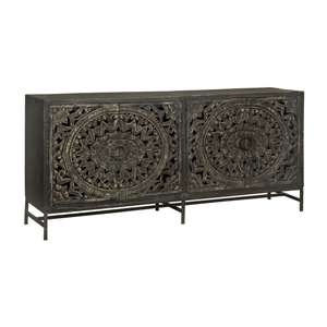 Modern 4-Door CNC Carved Mango Wood Sideboard <b>Cabinet</b> Elegant Carving Pattern Eco-Friendly Durable Farmhouse Bathroom Entry - Product Image 1