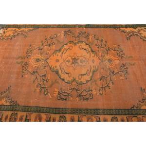 พรมตุรกีโบราณขนาด5.2x9ฟุตผ้าวูลสีเขียวส้มสานเรียบมีลวดลายปะติดสำหรับตกแต่งห้องนั่งเล่นหรือใช้ในห้องโถง - Product Image 5