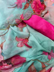 Exuda gracia y sofisticación, este sari con estampado floral de organza, belleza clásica con elegancia moderna, ropa de fiesta para mujer y Niña - Product Image 5