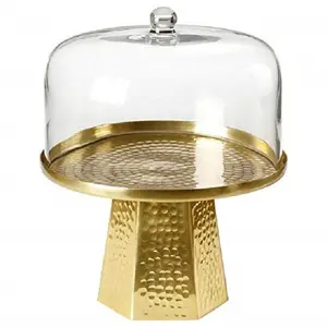 Alzata per torta in alluminio martellato a cupola di vetro con placcatura in oro e copertura in vetro per panetteria e matrimonio del ristorante dell'hotel