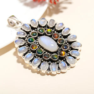 อัญมณีโอปอลออโรร่าทรงรีตัดจากธรรมชาติจี้เงินแท้สีเงินแท้แบบ925กึ่งสวยงามขายส่งจากโรงงานอินเดีย - Product Image 3