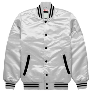 Veste bomber universitaire en satin blanc luxueux, de qualité supérieure, pour les athlètes professionnels - Product Image 1