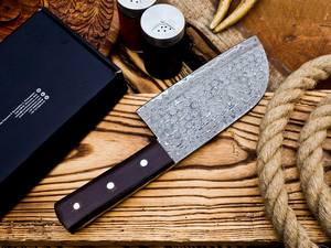 Couteau hachoir couperet en acier damas forgé à la main avec logo personnalisé manche en bois gaine en cuir pour cuisine extérieure cuisson OEM - Product Image 5