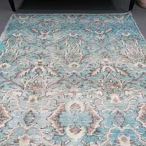 Tapis turc d'appoint 3,6x6,6 pieds, tapis vintage, tapis persan en laine bleu et blanc - Product Image 4