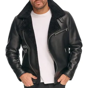 מעיל עור לגברים פונה צווארון פרווה ורוכסן קישוט צבע שחור מעילי בטיחות מעיל רוח לאופנוע באיכות גבוהה