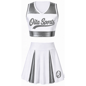 Ensemble d'uniforme de cheerleading sublimé blanc et gris sans manches, haut court et jupe, tenue de sport personnalisée pour l'entraînement et la performance - Product Image 1