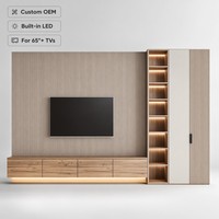Meuble TV mural moderne en bois cannelé avec étagère LED, meuble multimédia flottant pour téléviseurs de 65 pouces pour salon