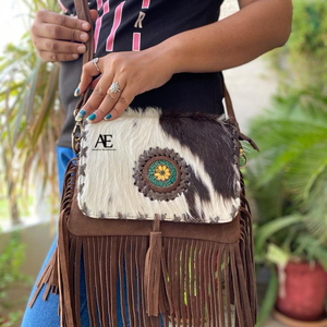 Mới phong cách phương Tây tóc trên ẩn lông da lộn da rìa Túi chất lượng cao Boho phụ nữ da Vai Túi với đá màu Ngọc Lam - Product Image 1