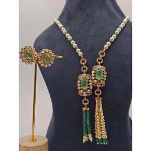 Green Dublet <b>Emerald</b> Polki Long Choker <b>Necklace</b> Set with Earrings for Weddings - Product Image 3