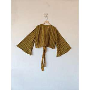 เสื้อครอปแขนกระดิ่งสำหรับผู้หญิงใส่ในฤดูร้อนเสื้อครอปผูกโบว์ผ้าไหมลายดอกไม้วินเทจใส่ไปปาร์ตี้เสื้อครอป - Product Image 6