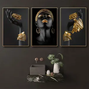 Magnifiques autocollants muraux Femme Africaine 3 pièces, Affiches sur toile Bijoux Dorés, Décoration en tissu pour la maison, chambre et salon, Sans cadre - Product Image 2