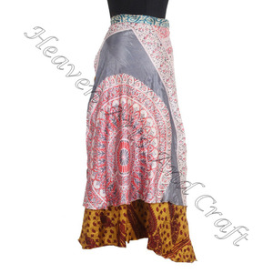 Falda envolvente Reversible de Sari de seda Vintage de dos capas para mujer, vestido Maxi Sexy bohemio de longitud larga para verano - Product Image 1