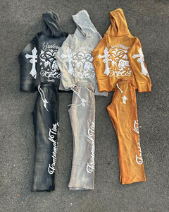 Venta al por mayor ácido lavado desgastado Vintage Boxy Heavyweigh chándal gimnasio acampanado pantalones de chándal con capucha dos piezas conjunto sublimación carga - Product Image 6