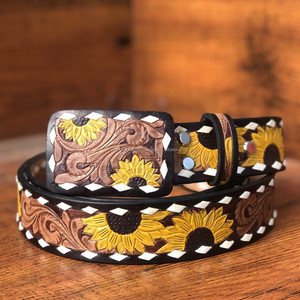 เข็มขัดหนังแกะลายดอกทานตะวันโบฮีเมียนทำด้วยมือสไตล์แฟชั่นสไตล์วินเทจ - Product Image 2