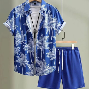 Moda Casual Hombres Terry Twin Set Beachwear Ajuste relajado Traje de dos piezas con camisa estampada y pantalones cortos para vacaciones de verano - Product Image 1