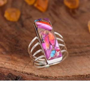 Bague Turquoise huître rose Bague bohème multi-bandes en argent sterling 925 Baguette Cadeau pour elle - Product Image 3