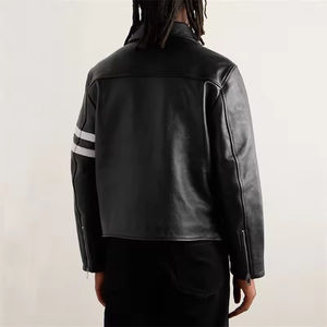 2026 High Quality Slim-Fit <b>Zip</b> <b>Fastening</b> Genuine Leather Varsity Jacket Men Attractive Striped Black Winter Motorcycle Jacket - Product Image 2