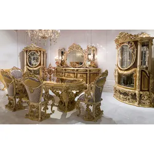Luxury Gold Dining Room Furniture Set Made From Solid Wood Hand Carving Best Seller Furniture Wholesale