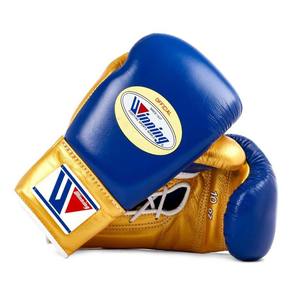 Gants de concours de boxe à lacets bleus personnalisés Équipement d'entraînement en cuir doré pour Kickboxing et Sparring - Product Image 2