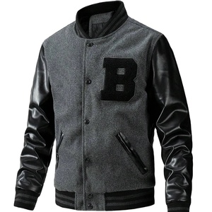 Manteau d'hiver personnalisable pour hommes tissu de laine manches en cuir PU garniture rayée lettre patchs veste à capuche avec support - Product Image 1