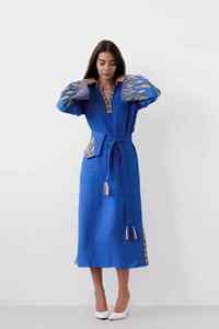 Blusa Vyshyvanka de lino ucraniano de alta calidad, vestido Maxi étnico bohemio naranja bordado azul para mujer - Product Image 3