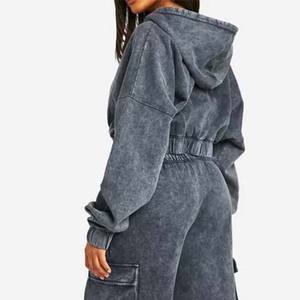 Logo personnalisé Vintage lavage à l'acide 2 en 1 poids lourd hiver sweat à capuche zippé pour les femmes 100% coton - Product Image 6