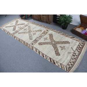 Alfombra Turca Herki de 3.3x10.5 pies, Alfombra de Lana Vintage Blanca con Diseño Abstracto - Product Image 4