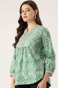 Haut en coton à imprimé floral HandBlock Boho Chic Vintage haut vert haut d'été en coton indien pour femme - Product Image 3