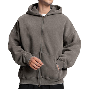 Men's Winter Casual <b>Drop</b> Shoulder Hoodie Zip-Up Fleece 100% Cotton 360 GSM Breathable O-Neck Solid Embroidered <b>Acid</b> Washed - Product Image 1