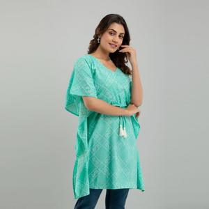 Vestido Kaftan de Algodón con Estampado Bandhani Azul Claro, Talla XS, para Damas de Oficina, Ropa Casual Moderna de Boutique ODM (SHKUP1235) - Product Image 4