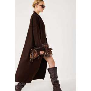 Cardigan long marron chic décontracté, crocheté et décoré de jacquard avec des boutons, laine d'hiver, acrylique de printemps pour la saison d'automne - Product Image 2