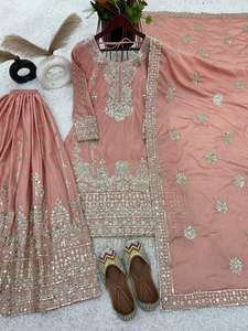 Nouveau concepteur vêtements de fête de mariage Chinon soie belle séquence broderie haut de travail avec manches longues et Sharara avec Dupatta - Product Image 3